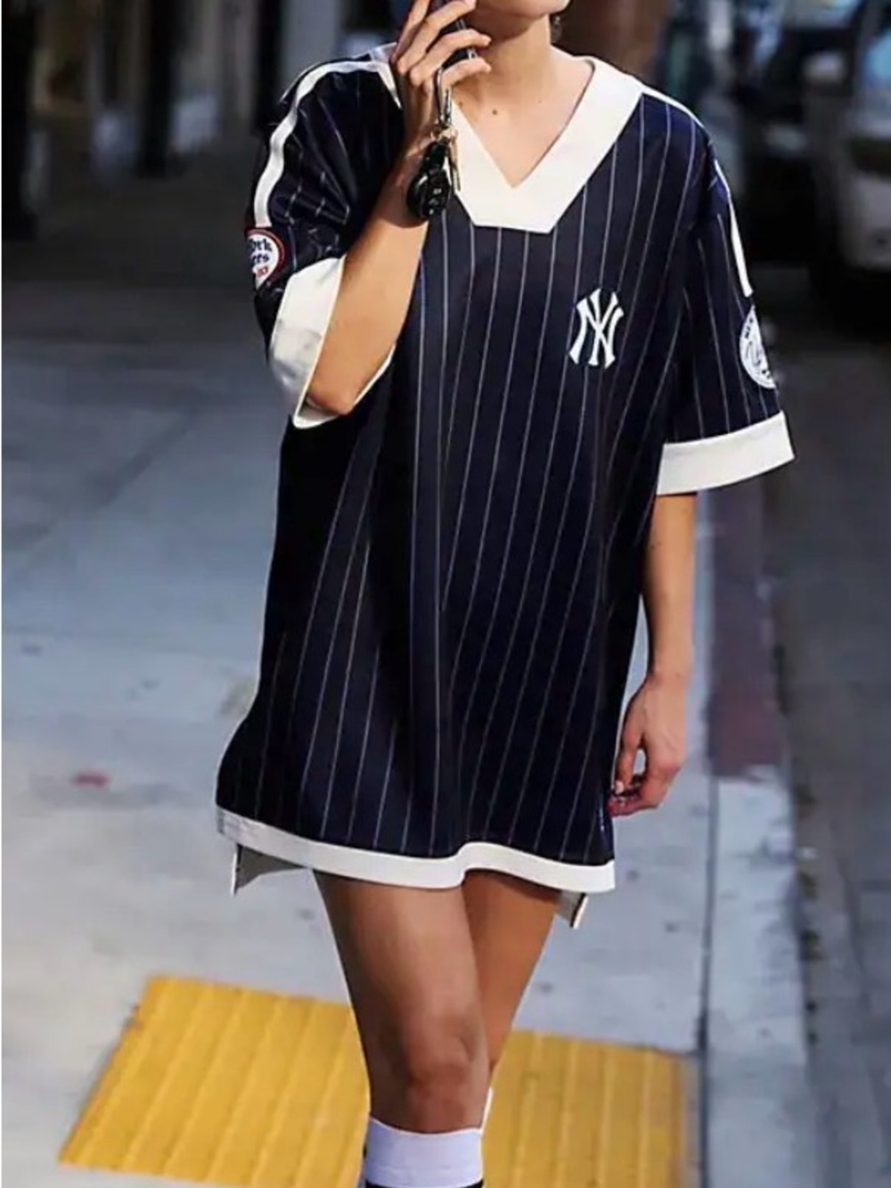 Free People Movement Wild Collective New York Yankees Navy Pinstripe V-Neck Dres